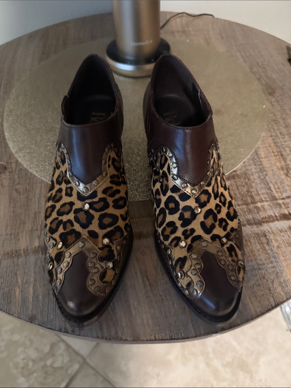 Reba Leopard-Print Ankle Booties with Brown Leather Trim